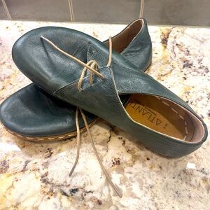 Men/women Oxford Barefoot Leather Handmade Shoes Green Lace-Up slightly worn